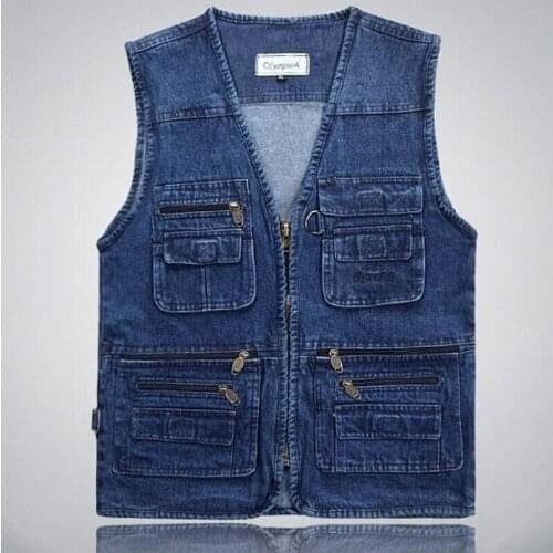 Sleevless Jean Jacket Men Jeans Male Denim Vests Men 3Xl 4Xl 5Xl Vest Mens Outdoors Cotton Multi Pocket