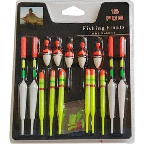 1 set (15Pcs) Vertical Buoy Sea Fishing Floats Assorted Size for Most Type of Angling with Attachment Rubbers Fishing Lures