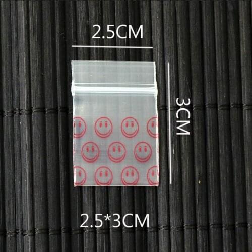1000pcs/lot 2.5x3cm Ziplock Bag Red Smile Face Zip Lock Self Sealing Reclosable Plastic Clear PolyBag for Components Jewelry