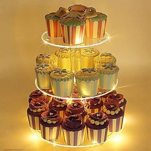 3 Tier Round Cupcake Stand with LED light, Premium Cupcake Holder, Acrylic Cupcake Tower Display for Cake, Desserts, Bakery