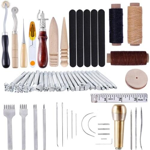 59 Pcs/Set Leather Craft Hand Tools Kit Thread Awl Waxed Thimble Kit For Hand Stitching Sewing Stamping DIY Tool Set