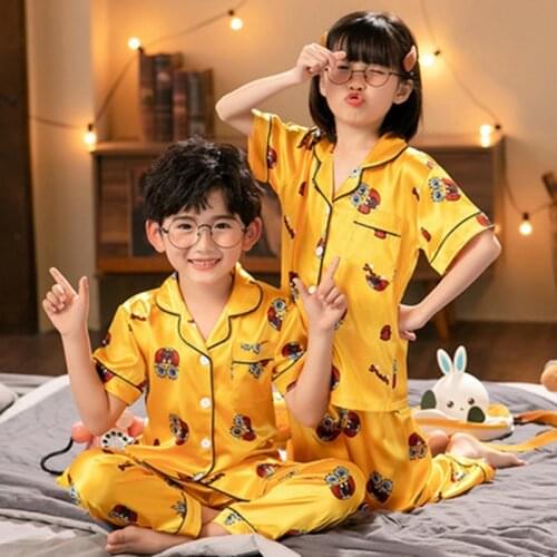 4 6 8 10 12 14 Years Children Satin Pajamas Sets Kids Sleepwear Pyjamas Boys Animal Cartoon Pajama Boys Night Suits Girls Sets