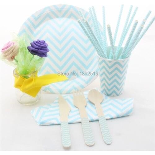 Free Shipping 356pcs Party Tableware Baby Blue Chevron Design BirthDay Wedding Party Tableware Paper Plate Cup Straw Napkin