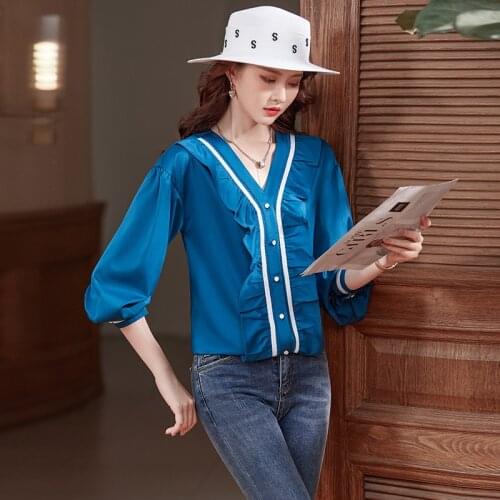 Fashion Styles Elegant Blue V-neck Blouses Shirts Long Sleeve Formal OL Styles for Women Business Work Wear Blouse Tops Clothes