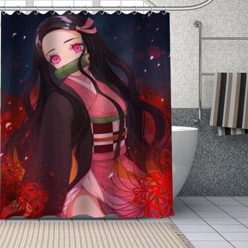 Hot Custom Japanese Anime Kamado Nezuko Curtains Polyester Bathroom Waterproof Shower Curtain With Plastic Hooks More Size