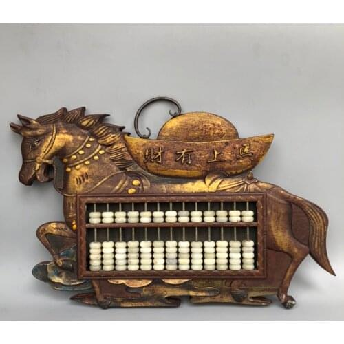 China Collection Old wood lacquerware Abacus hanging screen Painted Immediately make a fortune Horse statue Jade beads abacus