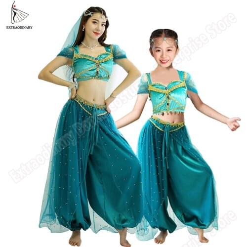 Belly Dance Jasmine Princess Costume Aladdin Halloween Outfit Princess Teal For Women Girls Bollywood Top Pants Veils Children