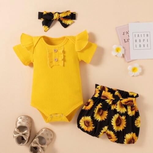 Baby Summer Clothing Girl Floral Clothes Kids Short Sleeve Romper Newborn Jumpsuit+Girls Sunflower Tutu Shorts 3Pcs Outfits Set