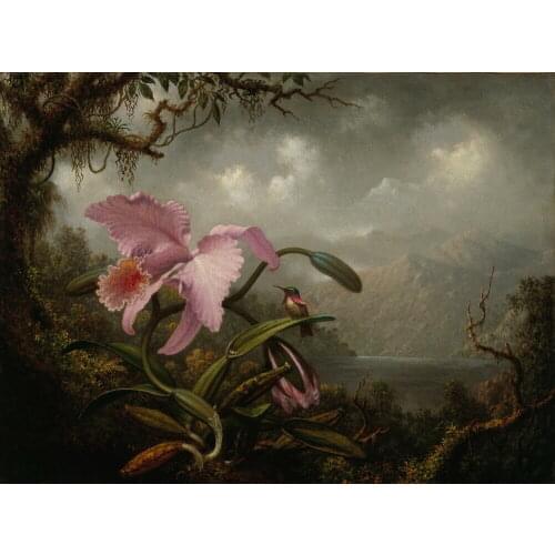 Martin Johnson Heade Orchid and Hummingbird Giclee Art print Silk poster Home Wall Decor