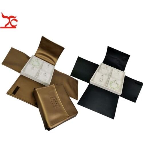 New Square Velvet Jewelry Display Tray With Gold Black PU Cover 4 Grids Bracelet Bangle Storage Holder Travel Carrying Case Bag