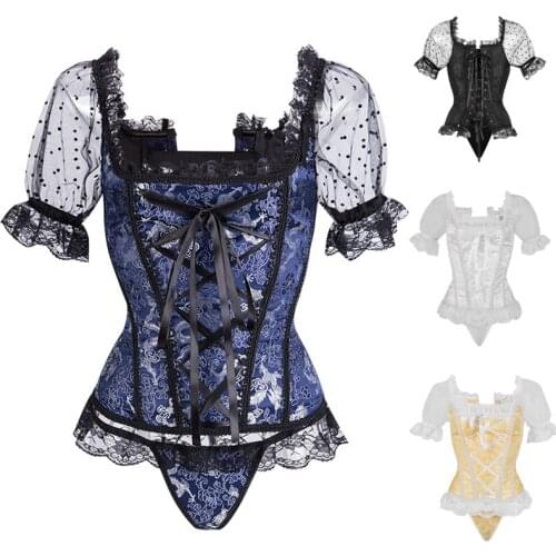 New Womens Palace Corselet Gothic Lace Mesh Puff Sleeve Square Collar Lacing Slim Body Black Golden Plasticity Corset