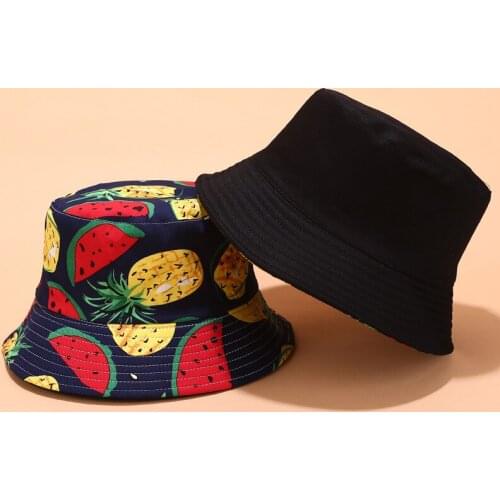 Panama Bucket Hats Women Men Reversible Fruit Banana Watermelon Cherry Print Fisherman Hat Casual Harajuku Hip Hop Bucket Cap