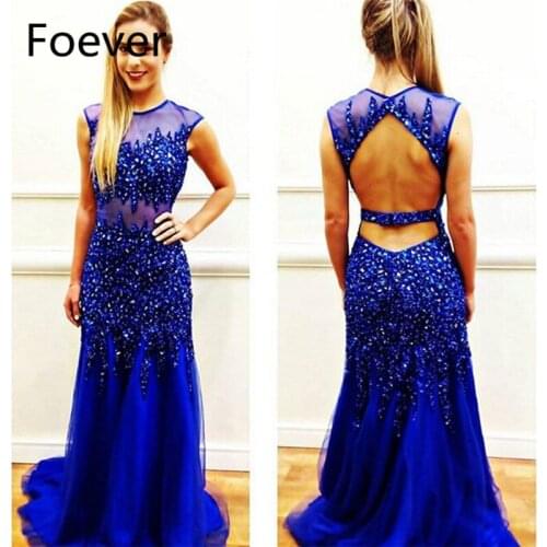 Luxuries 2019 Promotion Mermaid Prom Dress Rhinestone Crystals Backless Royer Blue Tulle vestido de festa Prom Dresses