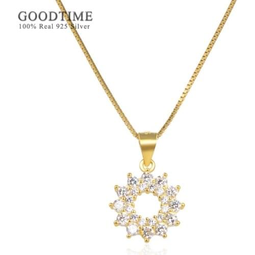 Luxury Women Necklace Pure 925 Sterling Silver Round Sun Zircon Pendant Rhinestone Necklace Gold Color Chain Jewelry For Party