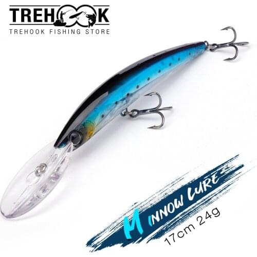 TREHOOK 17cm 24g Deep Diving Lip Minnow Wobblers For Trolling Crankbaits Fishing Lure For Pike Black Minnow Lures Fishing Tackle