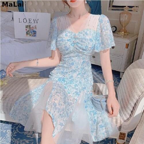 Chiffon Floral Midi Dress Korean Women Lace Short Sleeve Elegant Y2k Blue Party Dress Female 2021 Summer Vintage One Piece Dress
