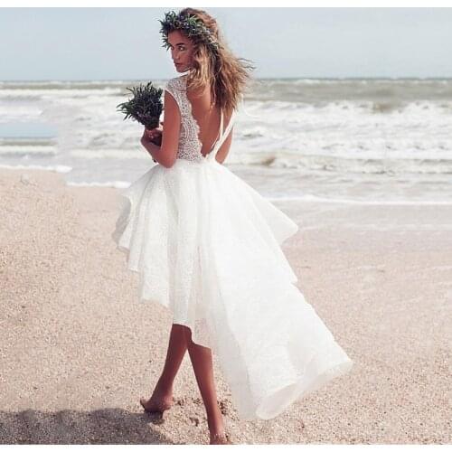 Chic Scoop Cap Sleeve High-low Wedding Dress Custom Made Backless Lace Bride Short Front Long Back Bridal Gown