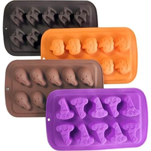 Silicone Halloween Chocolate Cake Molds 10 Cavities Pumpkin Ghost Bat Witch Hat Shape Chocolate Molds DIY Cake Decorating Tools
