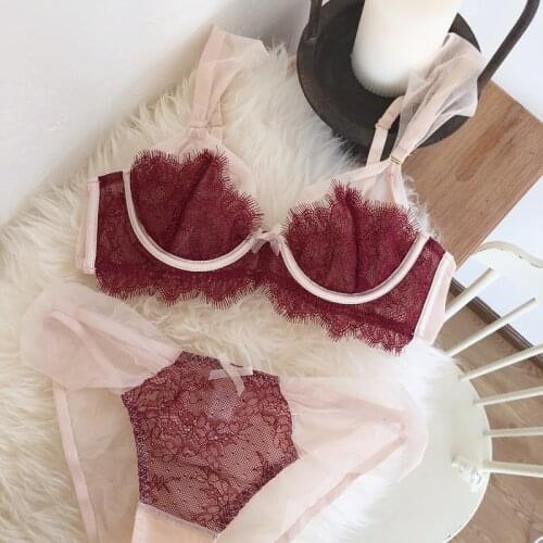 SP&CITY Romantic French Thin Bra Set Eyelashes Lace Sexy Bralette With Panties For Women Transparent Underwear Set Blue Lingerie