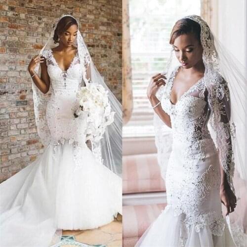 Mermaid Wedding Dresses Lace Applique Chapel Train Tulle Plunging V Beaded Sequins Crystals Custom Made Wedding Gown vestid