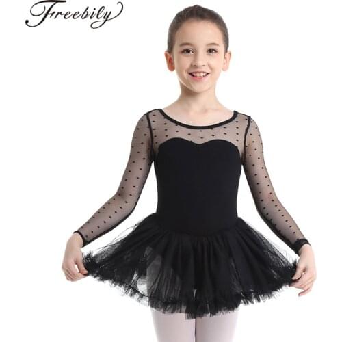 Kids Teens Cotton Polka Dots Mesh Long Sleeves Gymnastics Leotard Girls Ballet Figure Skating Dress Performance Dance Costume