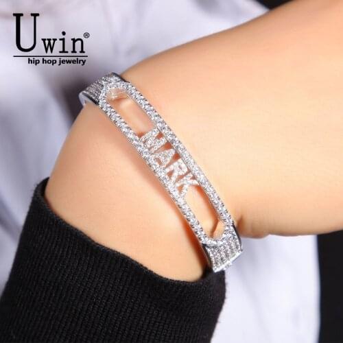Uwin DLY Name Bracelet Letters Removable Copper Iced Out CZ 11mm Bracelet Gold Silver Color Luxury Drop Shipping For Gift