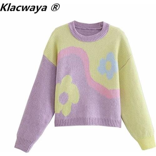 Klacwaya Women 2021 Fashion Floral Jacquard Knitted Sweater Pullovers Vintage O Neck Long Sleeve Female Sweet Loose Knitting Top