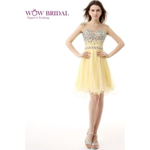 Wowbridal Yellow Short Homecoming Dresses Crystals 2021 New Zipper Back Junior High Cute 8th Grade Graduation Dresses SH0009