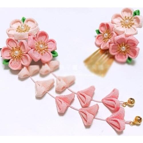 1pcs Japanese Style Tassel Hair Clip Handmade Cloth Pink Hair Decor for Kimono Hanfu Yukata Cosplay Prop for Women Girl Gift