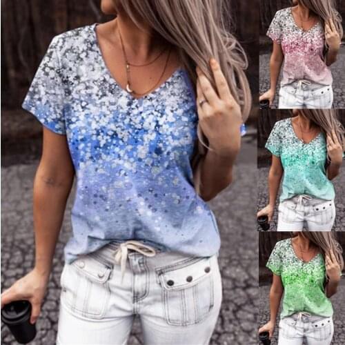 5XL Summer Tops Large Size Women Abstract Gradient Floral Print T Shirt Casual Short Sleeve V-Neck Loose Ladies Tee Top 2021 New