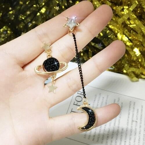 Fashion Jewelry Creative Personality Star Moon Asymmetric Earrings Black Planet Long Earrings Bohemian Womens Crystal Earrings