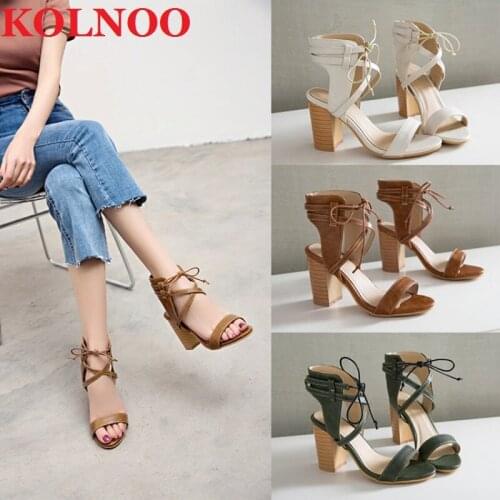 KOLNOO Ladies Handmade New Chunky Heels Sandals Lace-Up Slingback Peep-Toe Large Size 35-47 Daily Wear Fashion Party Prom Shoes