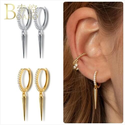 Real 925 Silver Earrings For Women Gold Long Spike Earrings Girl Ear Bone Piercing Earring Punk Female Zircon Hoop aretes Z5
