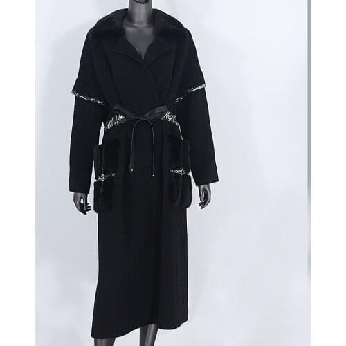 CXFS Black X-long Cashmere Wool Blends Real Fur Coat Belt Winter Jacket Women Natural Mink Fur Pocket Streetwear Outerwear New