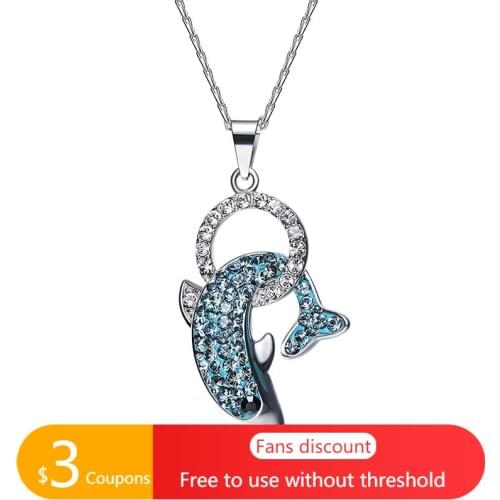 AGATA Silver Necklaces for Women 925 Sterling Silver Dolphin Necklace Pendant Inlaid Blue Crystal Little Dolphin Fine Jewelry