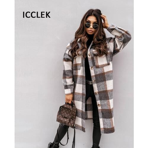 Women Woolen Coat Vintage Stylish Pockets Oversized Plaid Jacket Coat Women Lapel Collar Long Sleeve Loose Outerwear Chic Tops