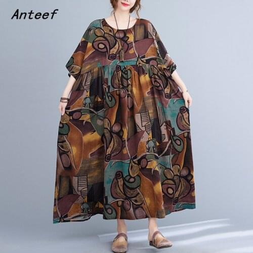Short sleeve cotton vintage floral dresses for women casual loose long woman summer dress elegant clothes 2021
