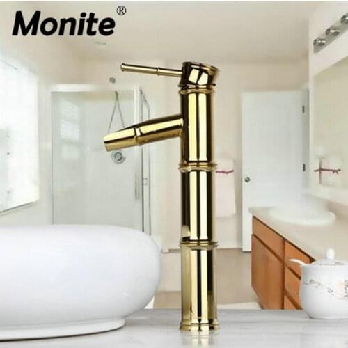 Monite Waterfall Golden Faucets Basin Bathroom New Brand Bamboo Design Deck Mounted Singel Handle Sink Faucets Mixer Taps