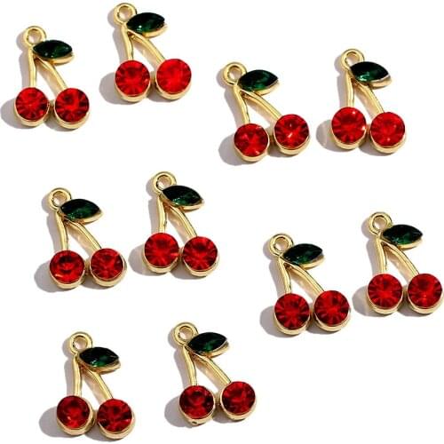 10Pcs Red Crystal Cherry Charm Jewelry Accessories Sweet Fruit Earring Pendants Alloy For DIY Making Bracelet Necklace Finding