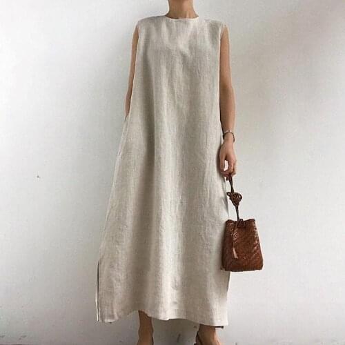2021 Fashion Summer Beach Dress Womens Split Sundress Casual Sleeveless Vestidos Female O Neck Solid Maxi Robe Oversized S-5XL