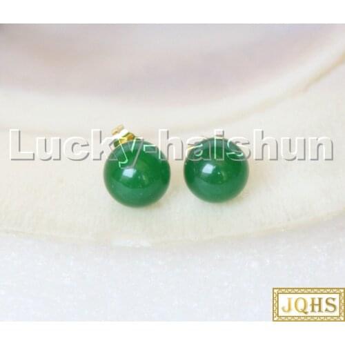AAA natural Studs 10mm round green Jade beads Earrings 14K gold post c289