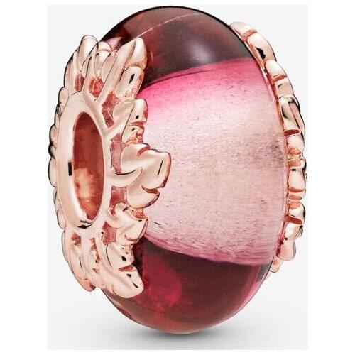 Genuine 925 Sterling Silver Charm Pink Murano Glass & Leaves Charm Beads Fit Women fashion Bracelet & Necklace Diy Jewelry