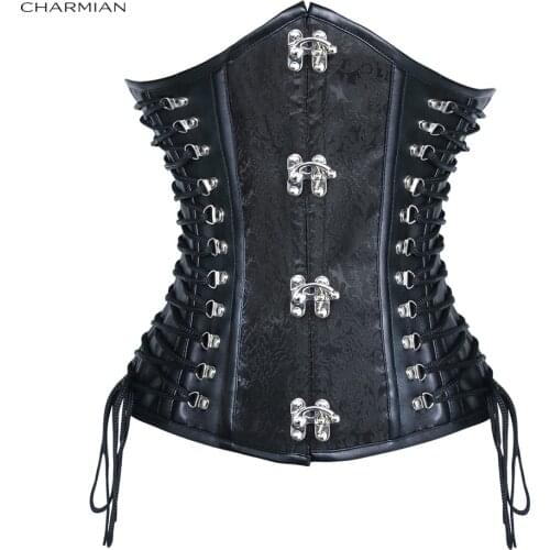 Charmian Womens Plus Size Steampunk Corset Vintage PU Leather Underbust Corset Sexy Black Jacquard Spiral Steel Boned Bustier