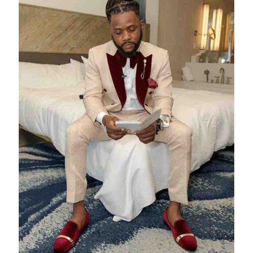 Double-Breasted Champagne Paisley Groom Tuxedos Peak Lapel Men Work Business Suits 2 pieces Wedding Prom Dinner Blazer Coat