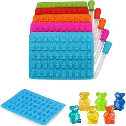50 Holes Cute Bear Shaped Jelly Candy Mold Gummies Making Tools Food Grade Soft Silicone Chocolate Mold Ice Mould With Straw