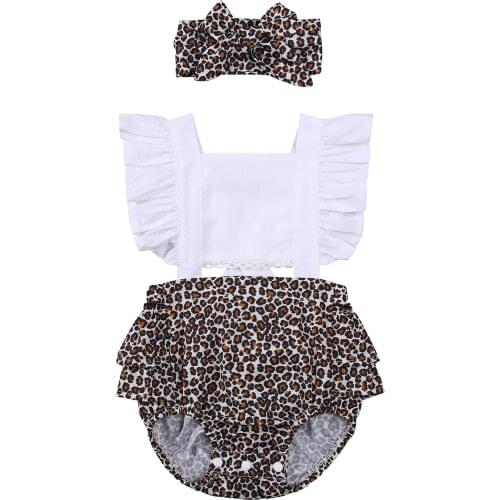 OPPERIAYA Kids Jumpsuit with Headband Baby Girls Leopard Print Square Neck Fly Sleeve Bodysuit HairBand for Summer 0-24 Months