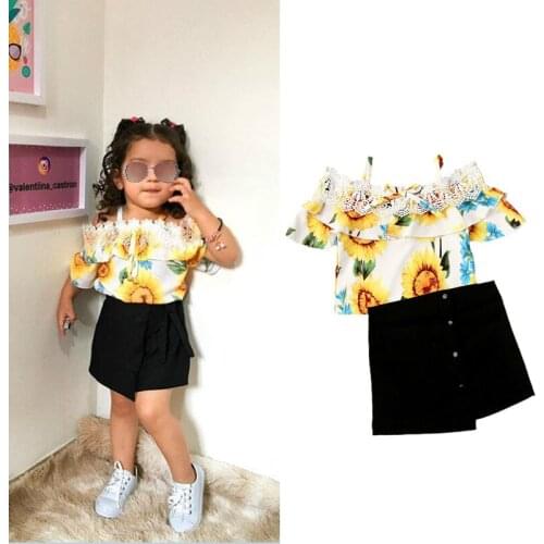 2020 Fashion Summer Baby Girls Clothes Sets 0-5Y Off Shoulder Lace Flowers Print T Shirts Tops+Black A-Line Skirts Outfit