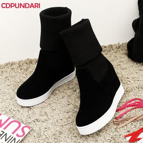 Fashion Black Flock High Heels Platform Ankle Boots For Women Wedges Spring Autumn Short Boots Shoes 2021 Mujer Bottines Femme