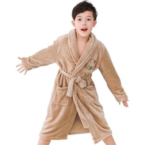 Fashion Flannel Robes for Kids Boys Soft Teenage Sleepwear Cartoon Bear Embroidery Printing Pajamas Bathgrowns Boys Clothes 5-12