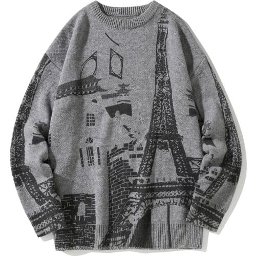 2021 autumn/winter new sweater jacket tide brand mens tower print sweater loose large size